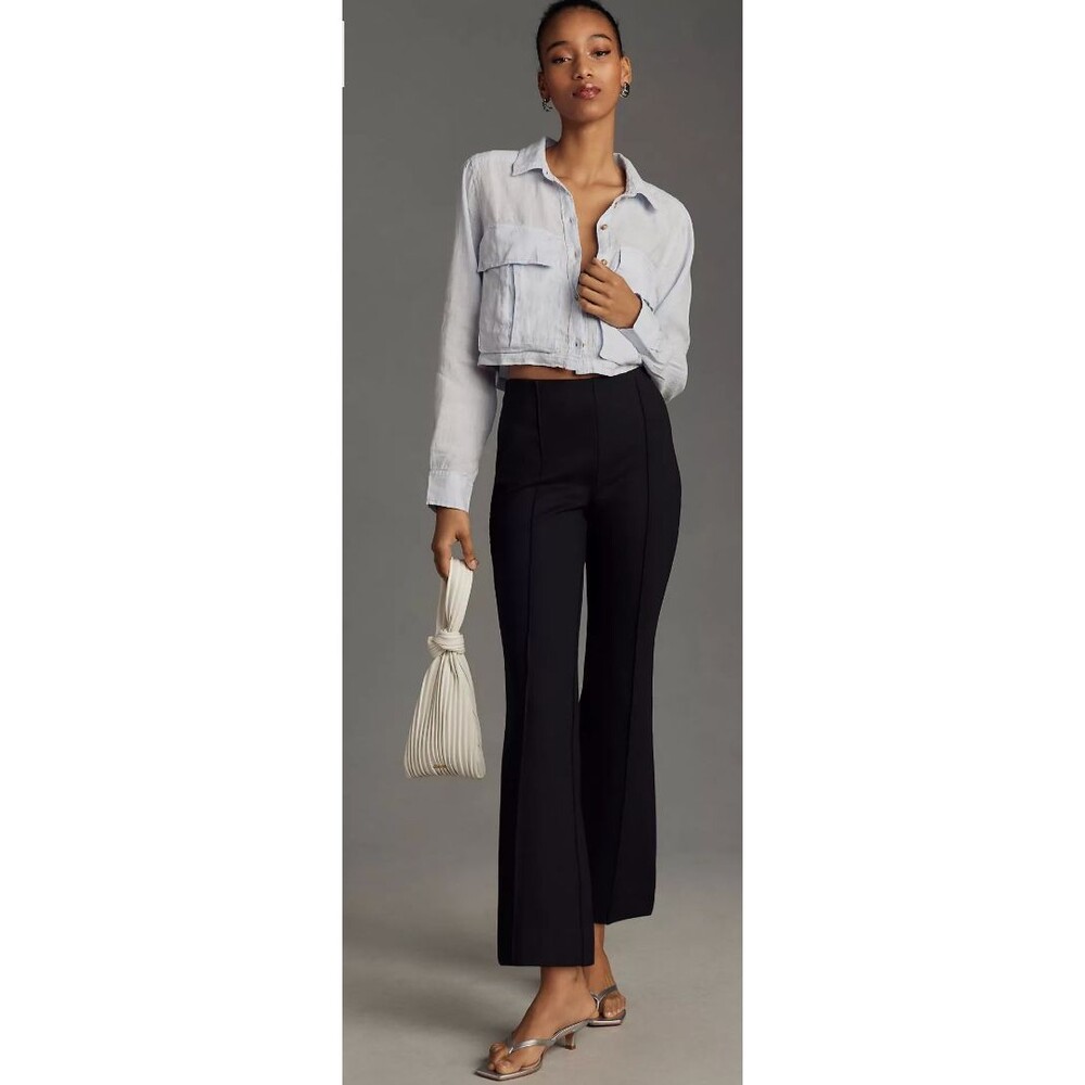 Maeve Anthropologie Margot Kick-Flare Cropped Pants Black High Rise Ponte Size M